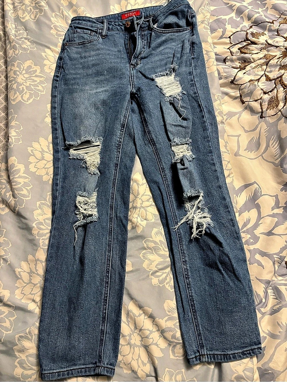 GUESS Distressed Straight Leg Jeans in Blue Waist 27